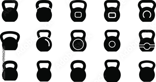 Kettlebell Fitness Icon Set with Strength Training Weight Symbols for Gym Workout, Bodybuilding Exercise, Crossfit Training, and Healthy Lifestyle Sports Design