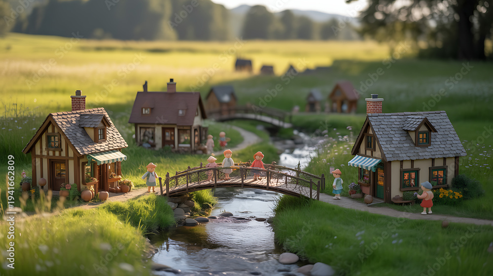 Fototapeta premium Miniature Village Scene with Tiny People Crossing a Bridge over a Stream, Featuring Charming Cottage Houses and Lush Greenery in a Dreamy Landscape