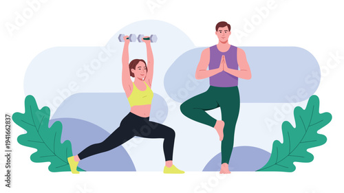 couple practicing yoga and fitness workout outdoors healthy lifestyle exercise balance and wellness flat vector illustration