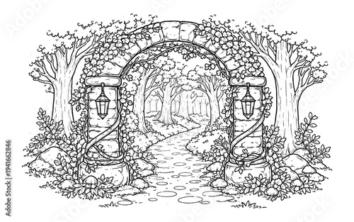 Enchanting stone archway leads to a magical forest path with lanterns and vines