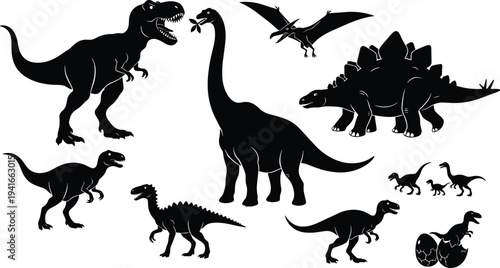 Dinosaur silhouettes featuring Tyrannosaurus rex, Brachiosaurus, Stegosaurus, Pteranodon, Velociraptors, hatchlings, and prehistoric creatures, perfect for educational and design projects