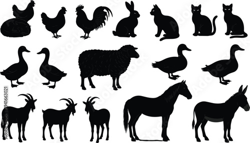 Collection of farm animal silhouettes including cats, chickens, rabbits, ducks, sheep, goats, horse, donkey, perfect for design projects