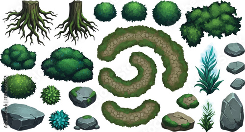 Set of 25 Green Garden Elements Vector Illustration isolated PNG with Transparent Background