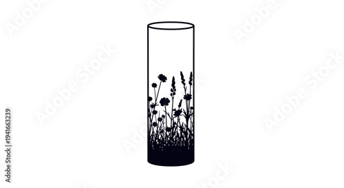 A sleek white vase adorned with a dark silhouette of wildflowers and grass