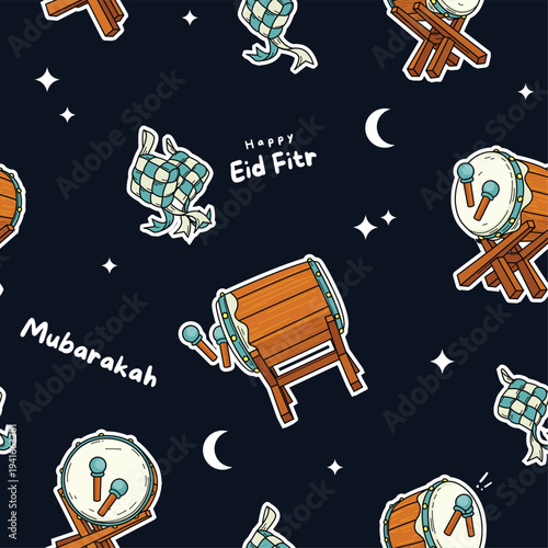 Happy Eid Fitr Seamless Pattern with Ketupat and Drums