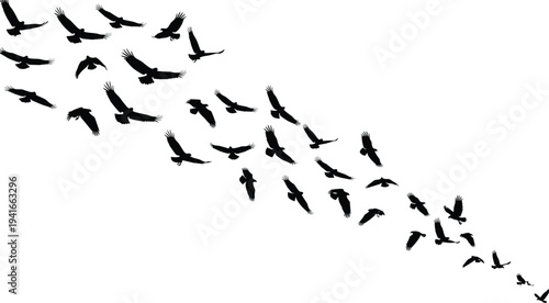 Flock of migratory birds flying in V-shaped formation silhouettes, perfect for nature, wildlife, aerodynamics, and illustration design projects