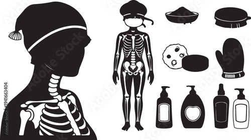 Set of 10 black and white vector icons featuring human anatomy, skeleton, and various spa and wellness items for health and beauty designs isolated PNG with Transparent Background