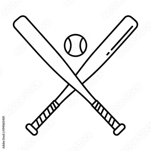 Crossed Baseball Bats and Ball Outline Icon, Baseball Sport