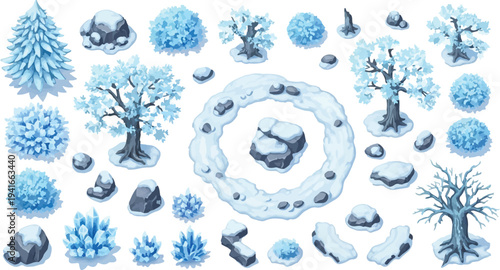 Set of 30 Isometric Winter Nature Elements Vector isolated PNG with Transparent Background