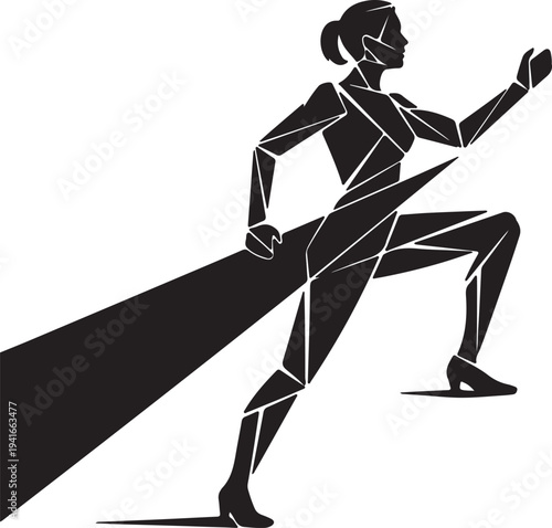 Dynamic geometric silhouette of an entrepreneur woman striving upwards, symbolizing progress, ambition, and overcoming challenges.