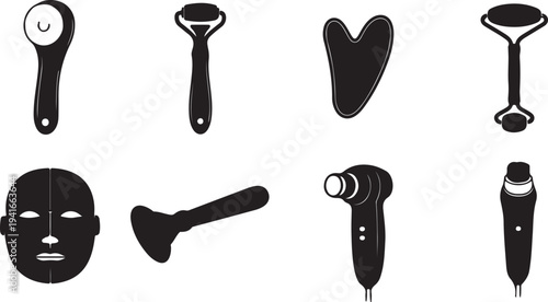 Set of 8 black and white vector icons depicting various modern skincare and beauty tools, including facial rollers, gua sha, and face masks, ideal for spa, cosmetic
