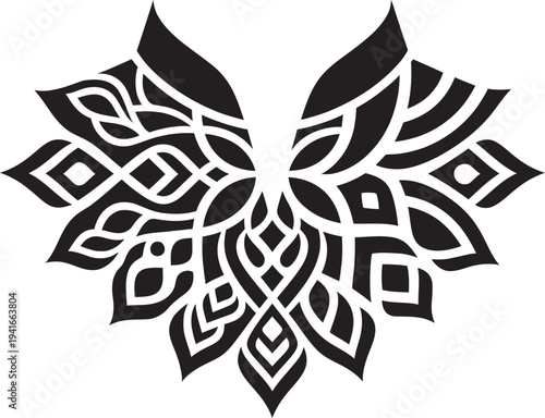 Intricate black and white symmetrical tribal collar vector design with floral patterns for decorative art.