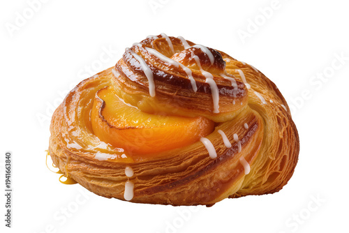 Peach Danish pastry with sweet white icing, golden flaky crust, a delicious isolated baked good, perfect for breakfast or dessert PNG
