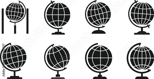 World Globe Education Icon Set with School Geography Earth Globes on Stand for Learning, Global Knowledge, Classroom Teaching and Educational Materials