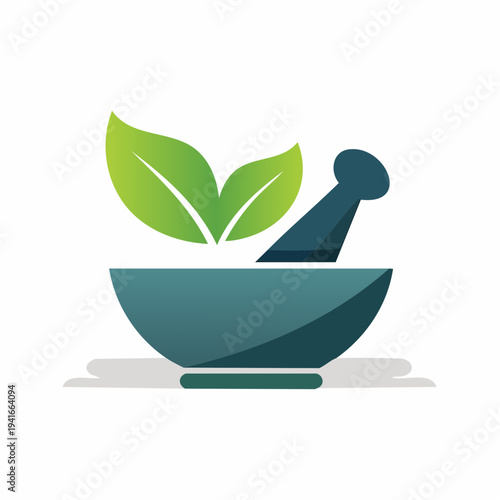 Modern graphic icon symbolizing natural health and traditional herbal remedies, featuring a mortar, pestle, and vibrant green leaves for holistic wellness designs