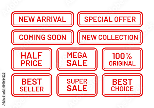 New arrival label in border. Special offer stamp imprint. Red sold out emblem in frame. Marketing retail badge. Text box with buy tags. Sale product mark. Vector illustration