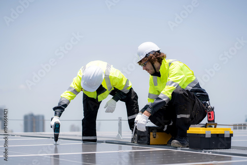 Professional solar panel installer engineer team installing photovoltaic system renewable energy power rooftop, electrical technician maintenance sustainable technology, renewable electricity energy.