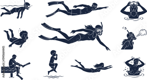 Swimming and Snorkeling Water Sports Linocut Illustration Set