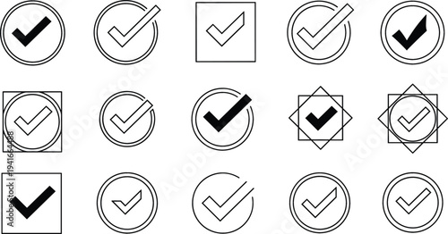 Check Mark Icon Set with Approval Tick Symbols in Circle and Square Shapes for Verification, Confirmation, Validation, and User Interface Design