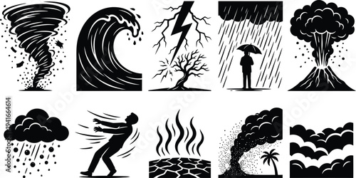 Natural Disasters and Extreme Weather Linocut Illustration Set