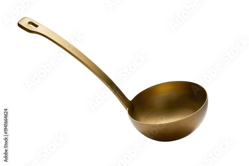 Canvas Print Elegant polished brass kitchen ladle with a long handle and hanging hole, isolat