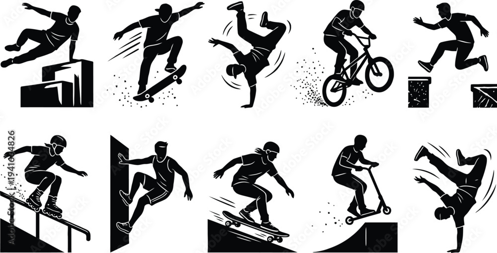Fototapeta premium Action Sports and Parkour Athlete Linocut Illustration Set