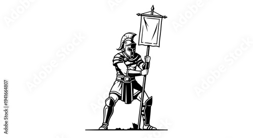 Ancient Roman Soldier Holding Banner, Warrior with Helmet and Armor, Military Symbol