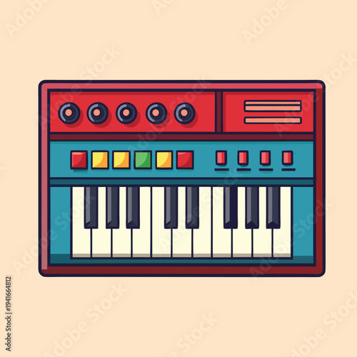 Colorful retrostyle synthesizer keyboard with knobs and switches for music production