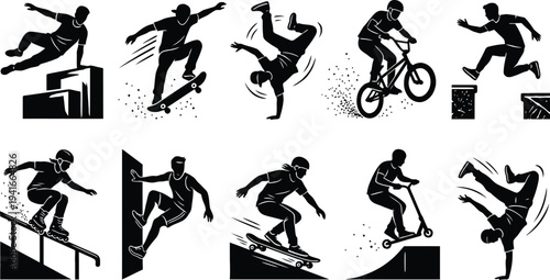 Action Sports and Parkour Athlete Linocut Illustration Set