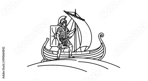 Ancient Roman Soldier on a Trireme Ship, Warrior with Shield and Sword, Maritime Warfare