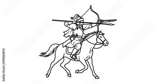Ancient Warrior Archer on Horseback Drawing Bow and Arrows in Motion