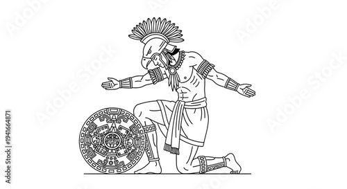 Ancient Warrior Kneeling with Shield, Aztec Warrior, Mesoamerican Art