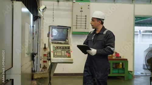Engineer using digital tablet controlling CNC machine in modern industrial factory workshop. Professional technician monitoring automated manufacturing process industry technology maintenance concept