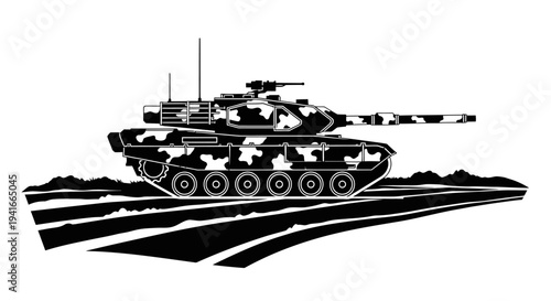 Black and White Camouflage Tank Silhouette on Abstract Field Background