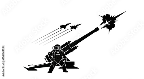 Astronaut standing by cannon firing jets, space exploration concept