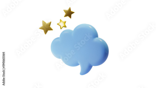 Fotografie 3D rendered light blue speech bubble with three golden stars floating above, iso