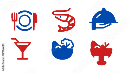 Colorful food icons including shrimp, serving tray, cocktail glass, dessert, and fruit bowl.