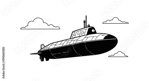Black and white illustration of a submarine flying through clouds, surreal concept