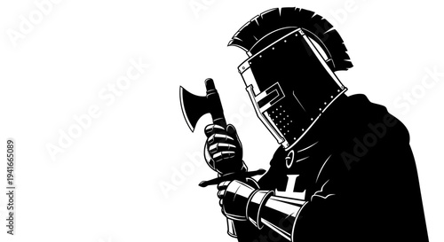 Black and White Silhouette of a Knight in Armor Holding an Axe and Sword