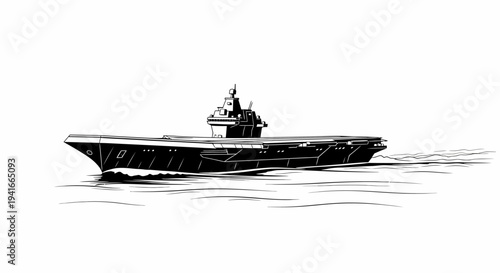 Black and white illustration of a modern aircraft carrier sailing on water