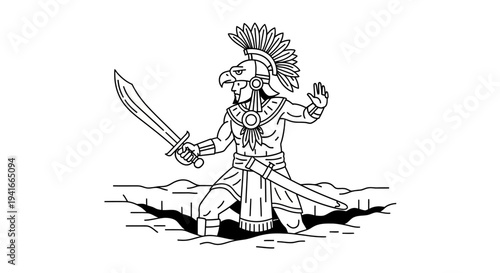 Aztec Warrior Eagle Warrior with Sword Emerging from Cracked Earth