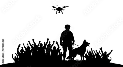 Drone Surveillance Over Crowd With Police Officer And K9 Dog Silhouette