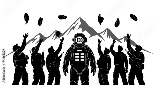 EOD Astronaut and Soldiers Celebrate Victory with Mountain Backdrop