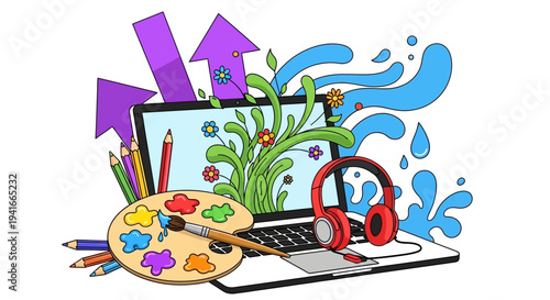 Creative digital art and design tools with laptop and paint palette.