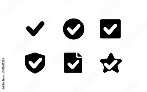 Collection of six different black checkmark icons on a white background