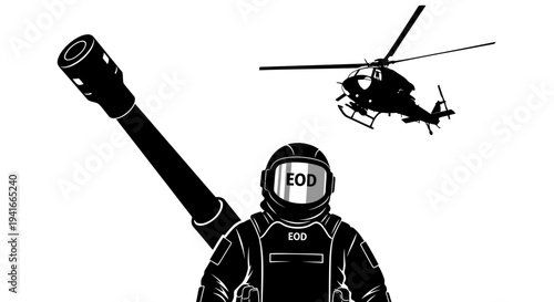 EOD soldier in helmet with bomb disposal suit, artillery cannon and helicopter in background