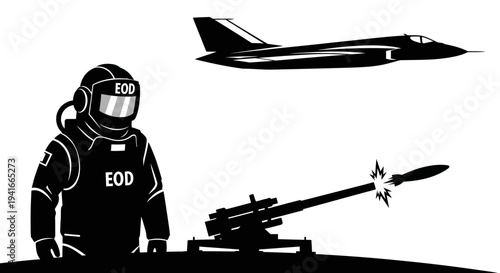 EOD soldier, missile launcher, and fighter jet silhouette