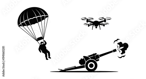 Drone, Parachutist, and Cannon: Modern Warfare and Military Technology Concept