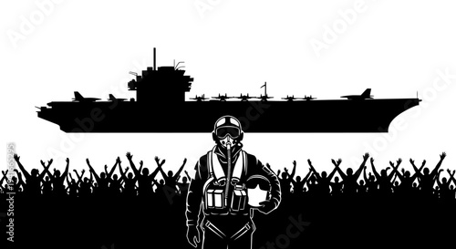 Heroic Pilot Stands Before Aircraft Carrier and Cheering Crowd Silhouette