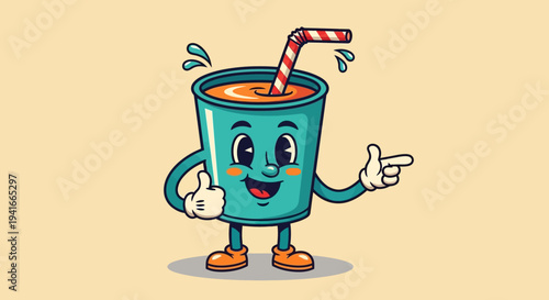 Cute Cartoon Drink Cup Character with Thumbs Up and Pointing Gesture.